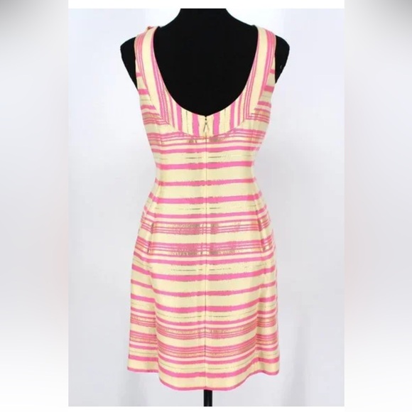 Lilly Pulitzer Elias Pink Gold Metallic Striped Mini Dress Shoulder Bow - Picture 3 of 6